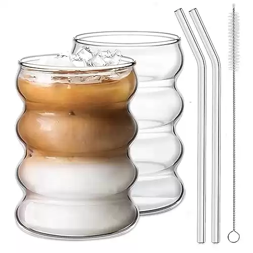 Ework4U 2 Pcs Drinking Glasses with Glass Straw 14oz Glassware Set,Cocktail Glasses,Iced Coffee Glasses,Beer Glasses,Ideal for Water,Soda,Tea,Gift - with Cleaning Brushe