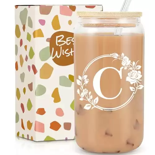 Ini-tial Glass Cup - Gifts for Women - 16 Oz Glass Cups W/Lids Straws, Glass Tumbler Monogrammed Gifts, Iced Coffee Cups - Personalized Customized Cute Gifts Mothers Day, Birthday Gifts for Her Mom, C