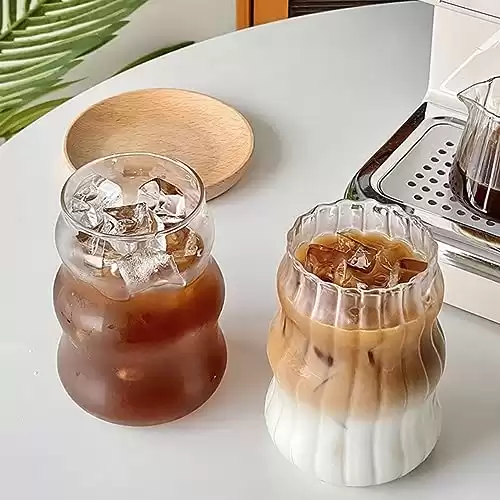 2 Pcs Ribbed Glass Cups, 18 Oz Vintage Drinking Glassware with Wave Shape Design, Bubble Cups for Iced Coffee, Juice, Beverage, Milk, Cocktails, Bubble Tea, and More