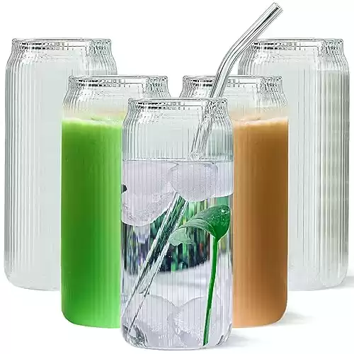 Set of 6 Ribbed Can Shaped Glass Cups with Glass Straws - 16oz Can Glass Drinking Glasses, Iced Coffee & Ice Tea Glasses, Clear Kitchen Tumbler Cup Cocktail Glass for Soda, Kiddush Cups & Sets