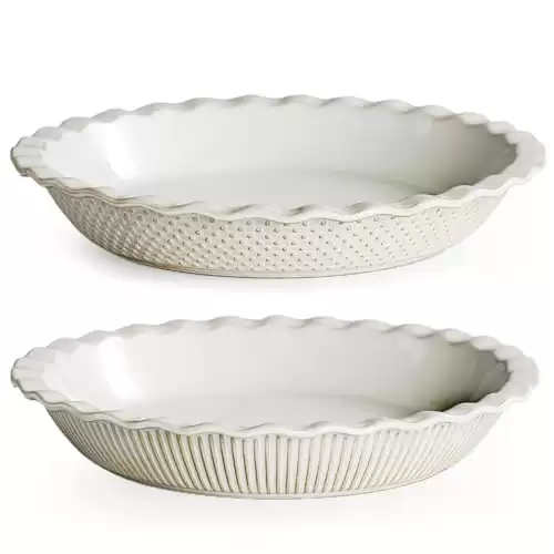 getstar Ceramic Pie Pan Set of 2, 9 inch Pie Dish for Baking, Non-Stick, Oven & Dishwasher Safe, Farmhouse Decor Quiche Baking Dish, Pie Plate, Deep Dish Pie Pan (Embossed Stripes+Dots)