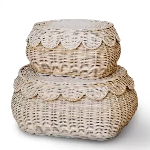 BEBE BASK Hand Woven Rattan Basket Set - 15x10x6 Inch - Small Scalloped Baskets - Round Wicker Basket - Wicker Storage Basket - Rattan Basket With Lid