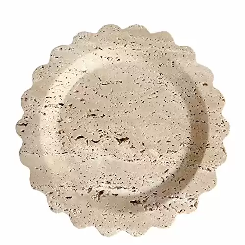 SAIDKOCC Travertine Marble Tray Round Scalloped Tray Small Serving Platter for Counter, Bathroom, Kitchen, Nightstand, Jewelry Ring Dish Holder (Beige Travertine)