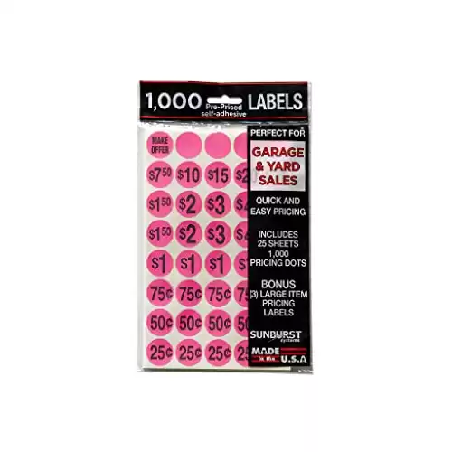 Sunburst Systems 7035 Priced Garage Sale Stickers, 1,000 Count Pre-Printed Labels, Pink