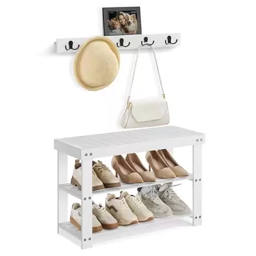 SONGMICS Hall Tree with Bench, Coat Rack Shoe Bench Set, Entryway Furniture, Multifunctional, 5 Double Metal Hooks, 3-Tier Bamboo Shoe Rack, for Entryway, Hallway, Bedroom, Cloud White ULCR004W01