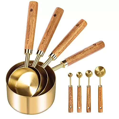 GuDoQi Gold Measuring Cups and Spoons Set of 8, Wood Handle with Metric and US Measurements, Premium Stainless Steel, Golden Polished Finish, Dry & Liquid Measuring Cup for Cooking and Baking