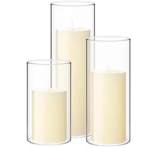 Shihanee Set of 3 White Pillar Candles and 3 Glass Cylinder Candle Holders for Slim Candles Wedding Valentine's Day Centerpieces(Ivory White, 2.6'' X 4.7'', 5.9'', 7...