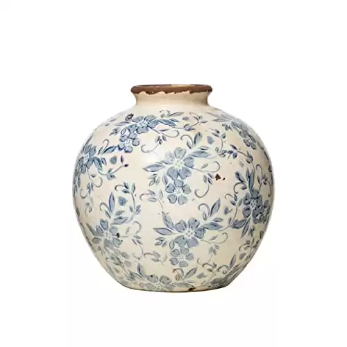 Creative Co-Op DF2720 8" H Terracotta Floral Transferware Pattern & Crackle Finish Vase, Blue