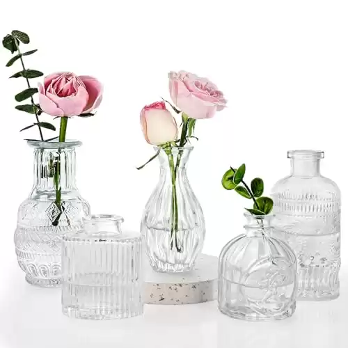 Fixwal Set of 5 Bud Vases, Small Vase for Flowers, Glass Vase for Home Decor, Wedding Decorations, Clear Flower Vases for Centerpieces, Vintage Vase for Home Decor