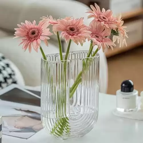 Clear Ribbed Glass Flower Vase, 7" H Modern Small Vase, Ellipse U Shaped Fluted Striped Decorative Vase, Fit for Home Living Room Table Decor (Open:5.11" x 2.36")