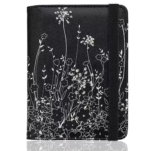 WALNEW RFID Passport Holder Cover Wallet for Women Men, PU Leather Card Holder Passport Case Travel Essentials for Family Vacation (D-Black Flowers)