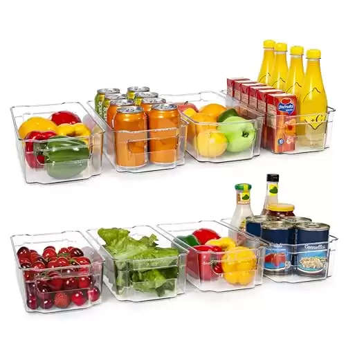 HOOJO Refrigerator Organizer Bins - 8pcs Clear Plastic Bins For Fridge, Freezer, Kitchen Cabinet, Pantry Organization, BPA Free Fridge Organizer, 12.5" Long, Clear