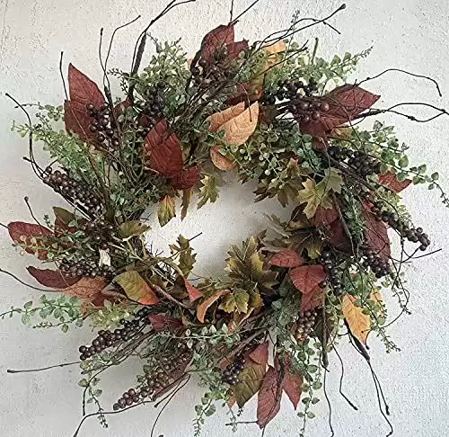 24 Inch Spring Front Door Wreath Burgundy Berry Wreath with Mixed Magnolia Maple Leaves Large Decor on Farmhouse Grapevine for Christmas Celebration Front Door Wall Window Home Decoration