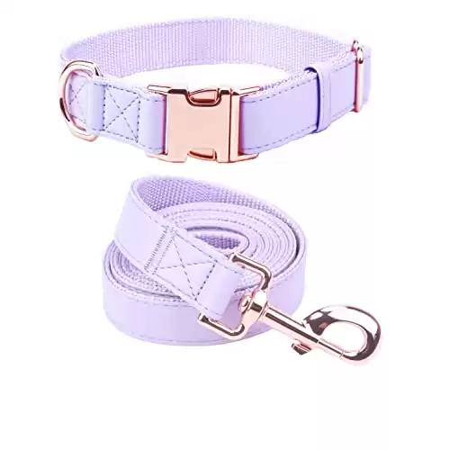 Dog Collar and Leash Set.Soft and Easy to clean vegan Leather with Rose Gold Metal Buckle for Small Medium Large Dogs (Light Purple, L(15.4 -24.8 )