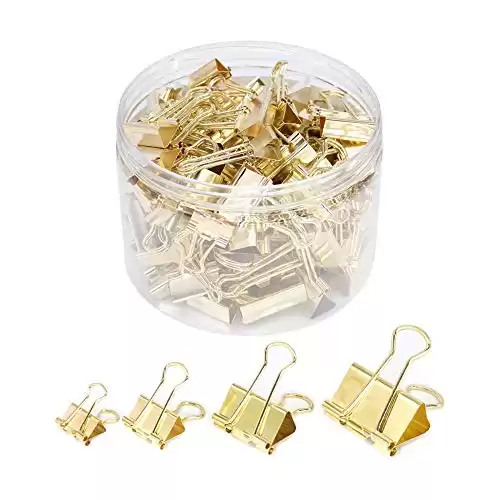 YOPINK Binder Clip Paper Clamps, Assorted Sizes (Mini, Small, Medium, Large), 100 Pcs Clips for Office School Supplies (Gold)