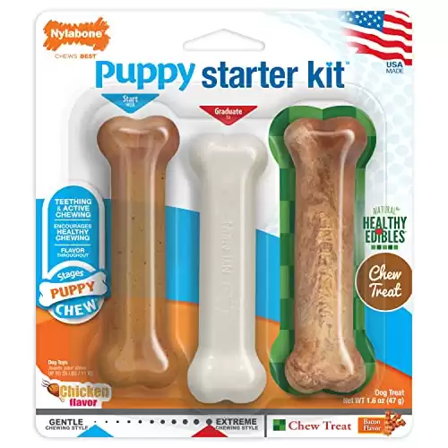 Nylabone Puppy Triple Pack - Blue Puppy Teething Toy, Nylon Dog Toy, & Chew Treat Variety Pack - Puppy Supplies - Chicken & Bacon Flavor, Small/Regular (3 Count)