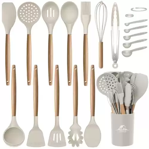 MIBOTE 17 Pcs Silicone Cooking Kitchen Utensils Set with Holder, Wooden Handles BPA Free Non Toxic Silicone Turner Tongs Spatula Spoon Kitchen Gadgets Utensil Set for Nonstick Cookware (Khaki)