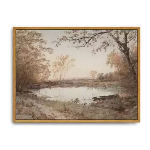 Roslynity Framed Canvas Wall Art Vintage Print Paintings Autumn Pond Landscape Nature Country Fall Neutral Retro Aesthetic Artwork for Home Living Room Bathroom Bedroom Wall Decor (12"x16")