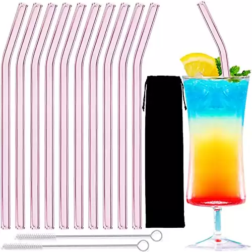 Glass Straws 10pcs Pink Bent Glass Straw Set, 8'' Reusable Straws With Cleaning Brush For Tumblers, Tervis, Mason Jars (Pink)