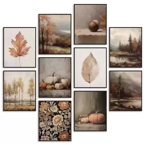 Whaline 10Pcs Fall Vintage Wall Art Prints Assorted Aesthetic Paper Posters Retro Autumn Scenery Picture Decoration for Gallery Living Room Bedroom Office, 8 x 10 Inch (Unframed)