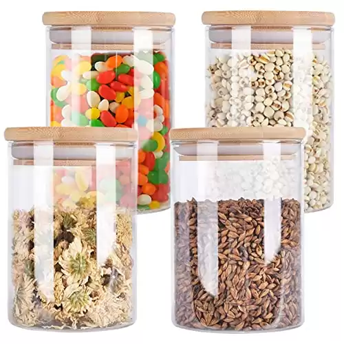 4 Pack Glass Storage Jars with Airtight Bamboo Lid, Aoeoe 27 OZ Food Storage Jar, Glass Kitchen Canisters, Clear Container for Coffee Bean Storage, Dry Goods, Cookie, Candy, Tea, Spices