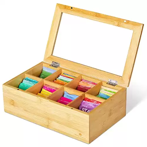 RoyalHouse Big Natural Bamboo Tea Storage Organizer with Clear Acrylic Top Window, 8 Compartments Eco-Friendly Tea Bag Holder, Multi-Functional Storage Box