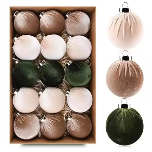 Christmas Tree Ornaments Velvet Balls - Pack of 15pcs Shatterproof Xmas Bulbs Decorations Set - Multicolor Green Brown Neutral, 80mm 3.15 inch