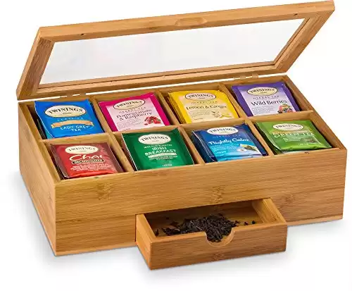 Bambüsi Tea Bag Organizer - Tea Organizer: Wooden Tea Box with 8 Compartments, Acrylic Window, and Magnetic Lid, Made of Bamboo - Keeps Tea Bags Fresh (Tea Not Included) - Great Gift Idea