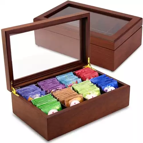 Tea Box - Luxury Wooden Tea Bag Organizer from The Apace Premier Collection - 8 Compartment Tea Storage Chest Container - Elegantly Handmade w/Scratch Resistant Window