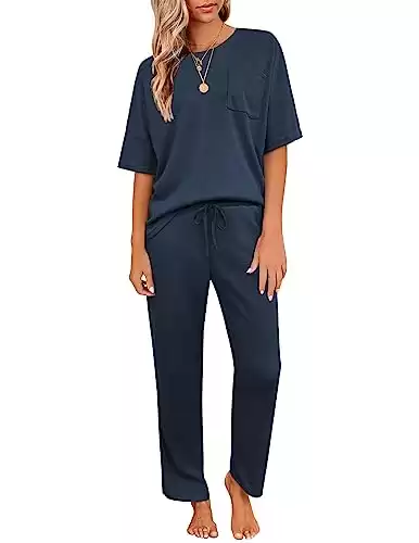 JiniGolla Women's Pajama Set Waffle Knit Lounge Set Short Sleeve Top and Pants Loungewear with Pockets Navy Blue S